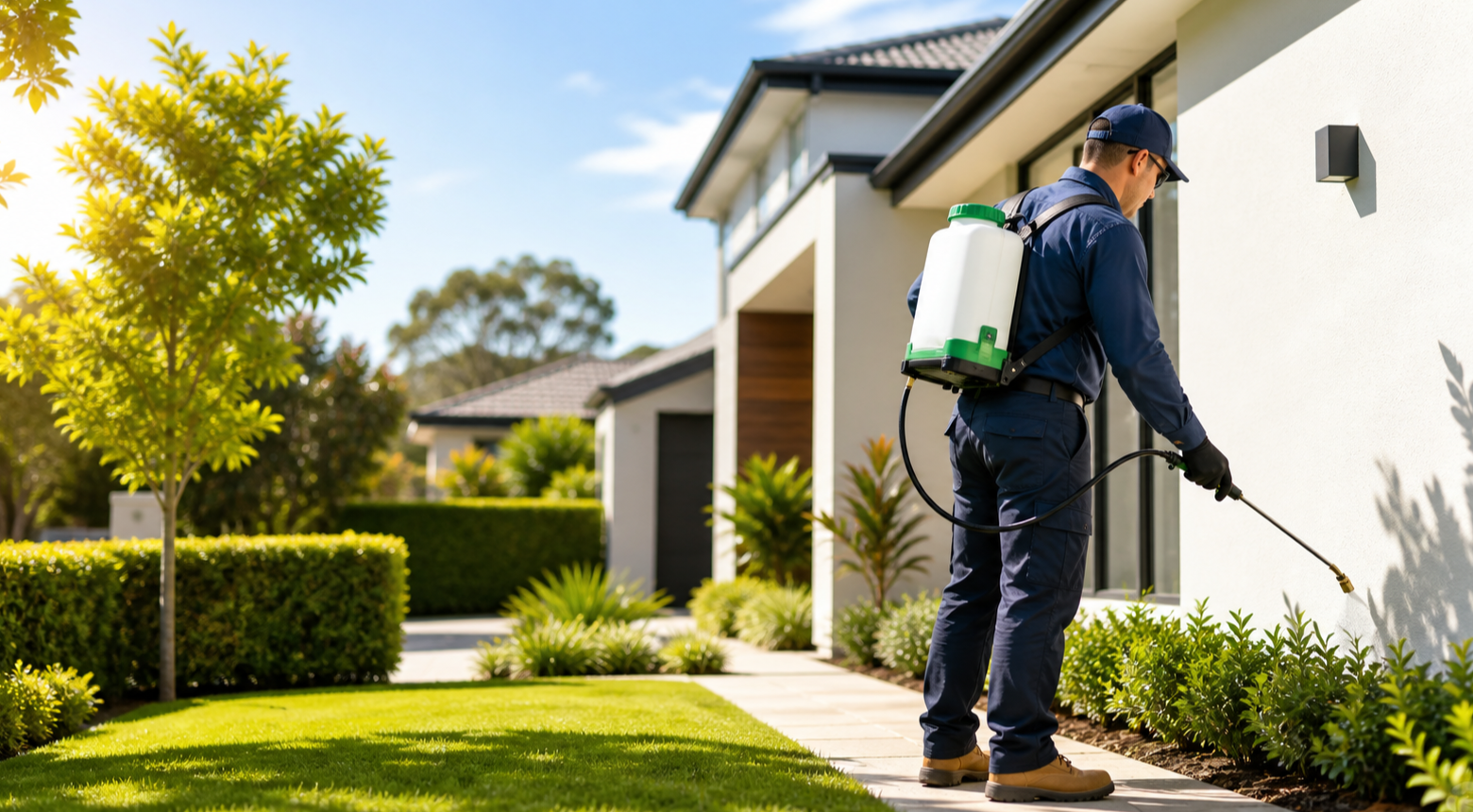 Professional pest control technician treating the exterior of a bright Melbourne home